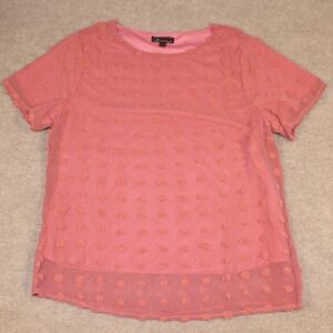 Ms Maggie Womens Swiss Dot Blouse Coral Pink Short Sleeve Sheer Overlay Small